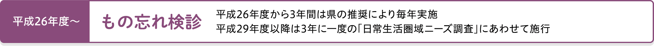 平成26年度～：もの忘れ検診 平成26年度から3年間は県の推奨により毎年実施 平成29年度以降は3年に一度の「日常生活圏域ニーズ調査」にあわせて施行